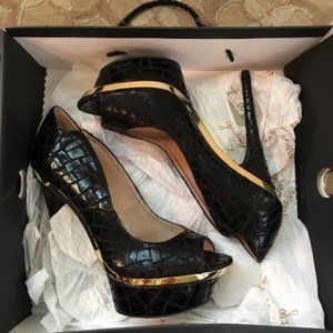 Bebe Mosaic Farrah Black Gold Heels